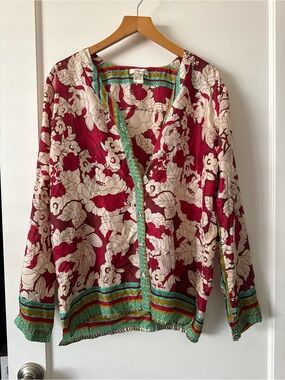 Sundance Burgundy and Cream Floral Button-Down with Turquoise Border